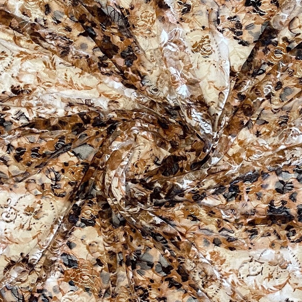 Floral Brown and Cream Multicolor Stretchy Lace Fabric